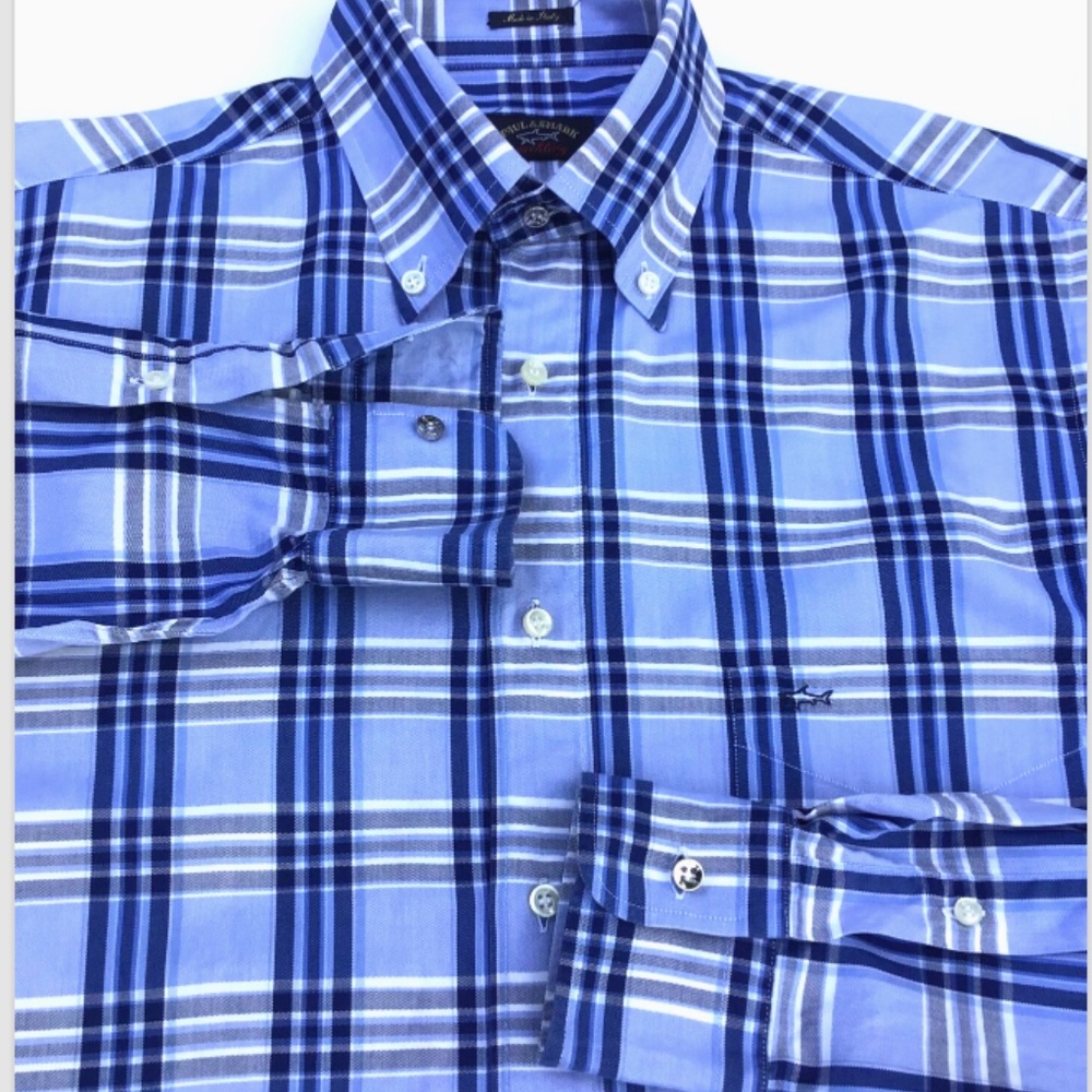 Paul & Shark Yachting blue  checkered cotton shirt Sz 40 made in Italy 🇮🇹